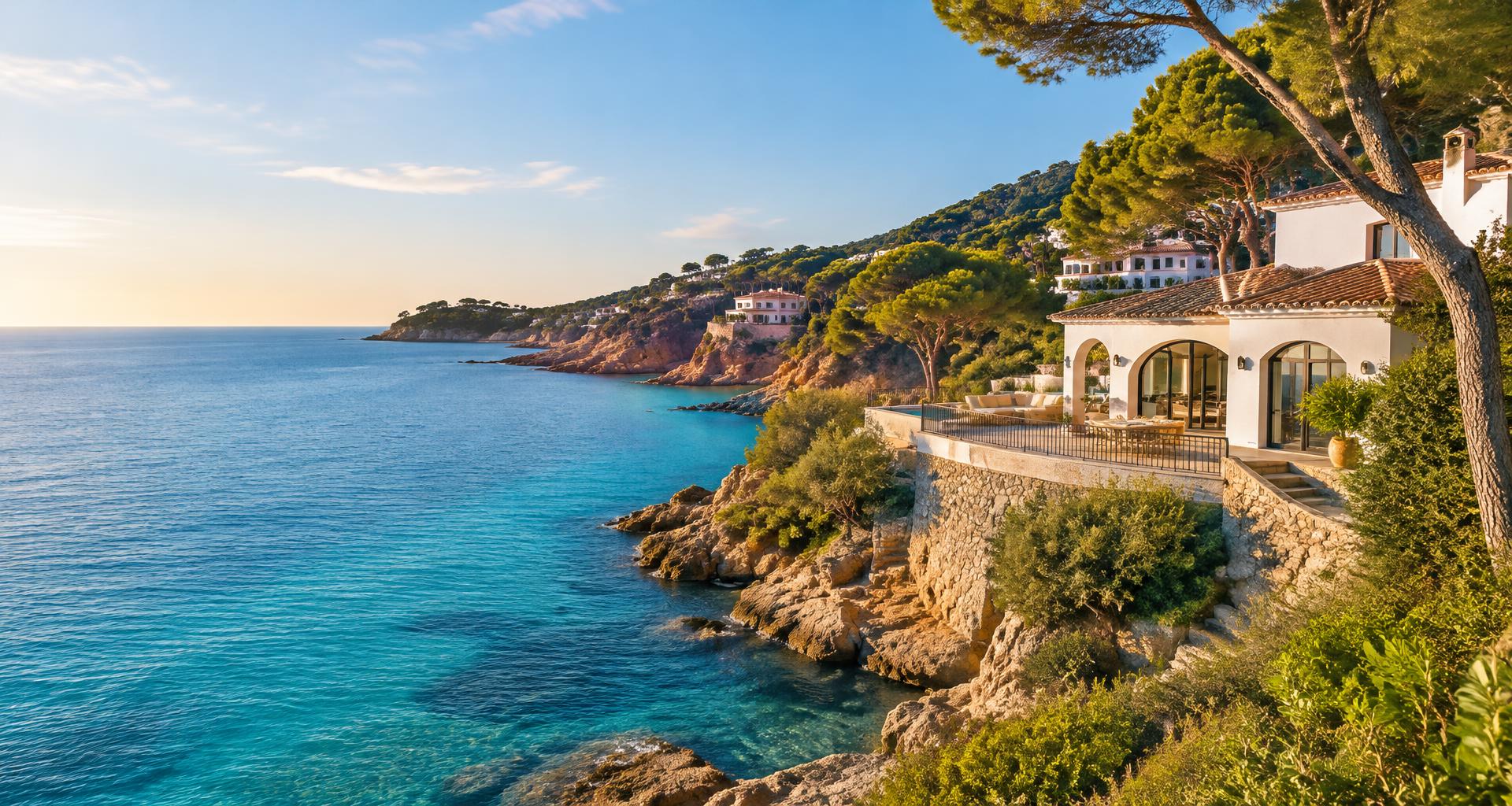 Paisaje mediterráneo ficticio con una casa frente a una cala de la Costa Brava